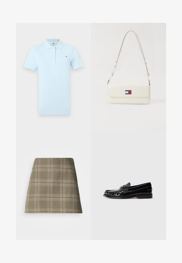 Lichtblauw poloshirt met korte mouwen, een kraag, vier witte knopen en een klein Tommy Hilfiger-logo op de borst.; Geruite mini-rok in olijfgroen en beige, met een rechte snit, een subtiele textuur en een klein logo-accent bij de tailleband.; Zwarte leren instappers met een ronde neus, decoratieve stiksels en een kleine gouden accent op de wreef. Platte rubberen zool, strak design.; Witte neplederen schoudertas met een lange schouderband, voorzien van een magnetische flap en een blauw, rood en wit logo-opdruk aan de voorkant.