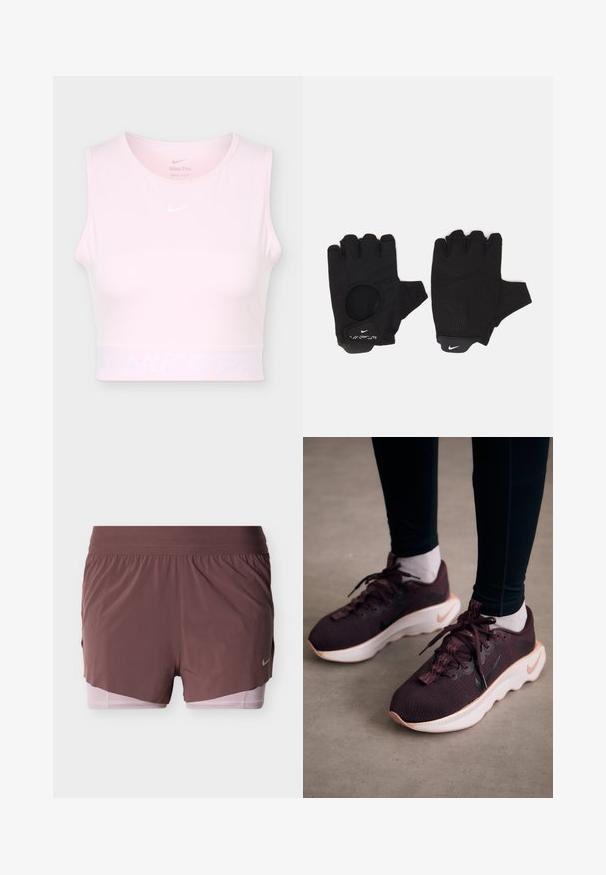 Lyserød ærmeløs kort sports-top med rund halsudskæring og hvid Nike Swoosh-logo på brystet og linningen.; Shorts i dyb mauve med et let design, der har en bred talje og en lyserød inderforing. Inkluderer en lille logodetalje på siden.; Mørkerøde sportssko med en tekstureret strikoverdel, hvid sål og sort Nike-logo. Har runde snørebånd og mønstrede snørehuller.; Sorte fingerløse handsker med et tekstureret design. Lavet af et åndbart materiale, med en tommelfingeråbning og forstærket håndflade for bedre greb.