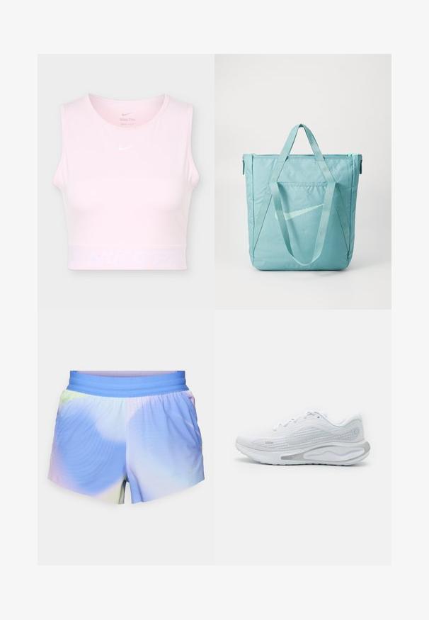 Lyserød ærmeløs kort sports-top med rund halsudskæring og hvid Nike Swoosh-logo på brystet og linningen.; Letvægts atletiske shorts i en gradient af blå og pastelfarver. Har en elastisk talje og teksturerede mønsterdetaljer.; Nike Performance JOURNEY RUN - Løbesko til landevejen - white/pure platinum/metallic silver; Lys teal tote-bag med lynlås, dobbelte håndtag, en frontlomme og et diskret Nike-logo trykt i et kontrasterende design.