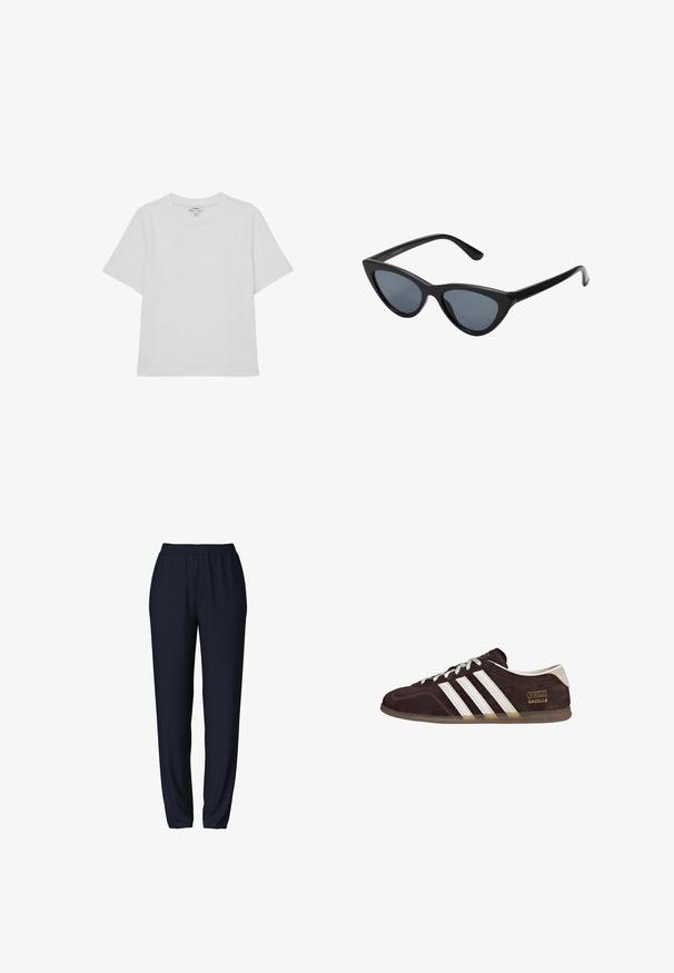 Camiseta blanca lisa de manga corta con cuello redondo, corte regular y etiqueta de marca visible en el cuello.; Pantalones de chándal azul marino con cinturilla elástica, diseño de pierna ajustada y textura suave. Adecuados para uso casual o deportivo.; Zapatillas de ante marrón con tres rayas blancas, suela de goma y etiqueta con texto "Gazelle" en dorado. Diseño con cordones grises.; Gafas de sol negras en forma de ojo de gato con lentes gris oscuro, marco de plástico elegante, esquinas puntiagudas y patillas rectas. Sin herrajes ni acentos visibles.