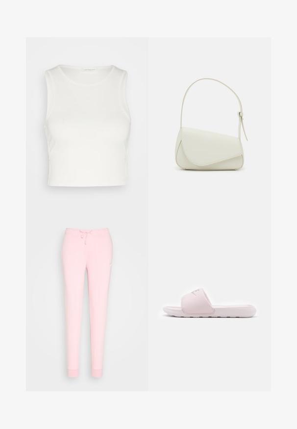 Even&Odd by Zalando Top - off-white; Helle rosa Sweatpants mit einem Kordelzugbund, schmal zulaufenden Beinen und einem gestickten Logo auf dem Oberschenkel. Weicher, glatter Stoff.; Rosa Rutschelsandale mit einer flexiblen Gummisohle, gepolstertem Riemen und minimalistischer Gestaltung. Mit einem Logo auf dem Riemen und glatter Textur.; Weiße Kunstleder-Handtasche mit einer strukturierten dreieckigen Form, einem verstellbaren Einzelgurt und einem Klappenverschluss mit geschwungenen Akzenten.