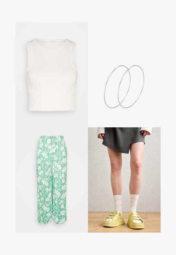 Even&Odd by Zalando Débardeur - off-white; Billabong BEACH SPIRIT - Pantalon classique - green; Sandales plateforme jaunes avec plusieurs sangles, portées avec des chaussettes blanches à côtes, assorties à une jupe portefeuille grise sur un sol en bois.; Boucles d'oreilles en argent au design minimaliste. Forme circulaire, texture lisse et profil fin. Légères avec une finition polie.