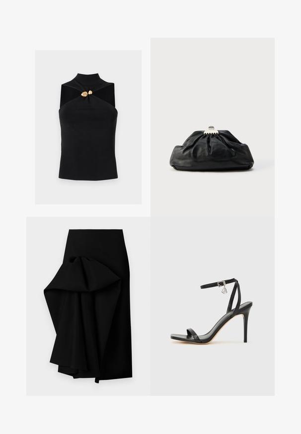 Sort haltertop med høj krave og to asymmetriske skinnende guldknapper ved brystet, tætsiddende silhuet på ensfarvet baggrund.; Sort nederdel lavet af glat stof, med et oversized draperet design på den ene side, der danner en høj-lav kant.; Sort hæl-sandal med smal ankrem, firkantet tå-boks, glat lædermateriale og metalspænde som pynt.; Sort læderclutch med en samlet tekstur, metal lukning og diskret præget logo på forsiden. Rundet form.