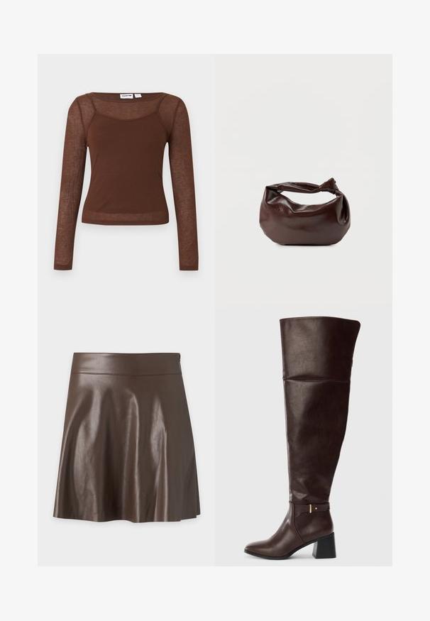 Haut marron à manches longues côtelées avec manches et empiècement en mesh transparent, décolleté carré et silhouette cintrée.; Jupe trapèze en cuir synthétique marron foncé avec une taille haute et une texture lisse légèrement brillante.; Bottine en cuir marron foncé hauteur genou avec un talon large et un détail de sangle décorative sur le côté, présentée sur un fond clair uni.; Sac bandoulière en cuir marron foncé avec une forme souple et décontractée et une anse nouée torsadée sur un fond blanc uni.
