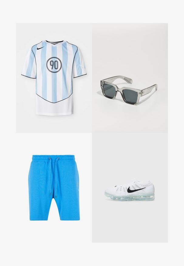 Camiseta de fútbol a rayas blanca y azul claro con cuello en V, mangas cortas y acentos negros. Presenta un gráfico circular de 90 en la parte frontal.; Pantalones cortos de algodón azul con una cinturilla elástica, cierre de cordón y un sutil detalle gráfico en el lado. Textura suave y corte holgado.; Zapatilla deportiva blanca con parte superior de tejido de punto, logo de Nike en negro, suela de burbujas de aire transparente y textura perforada para transpirabilidad.; Gafas de sol sobredimensionadas y claras con lentes oscuros, que presentan un marco rectangular grueso y acentos texturizados en las patillas. Fabricadas de plástico transparente.