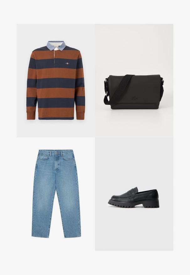 Langærmet polo med brunt og marineblåt stribet mønster, let blåt kraveudsnit og et lille logo på brystet.; Lyseblå denimjeans med lige ben, fem-lomme design og en let falmet struktur. Indeholder knap- og lynlåslukning.; Sorte læder loafers med en rund tå, prydet med en dekorativ rem og en kraftig gummisål med dybe riller for grip.; Lacoste MESSENGER BAG MEN CLASSIC - Skuldertasker - noir
