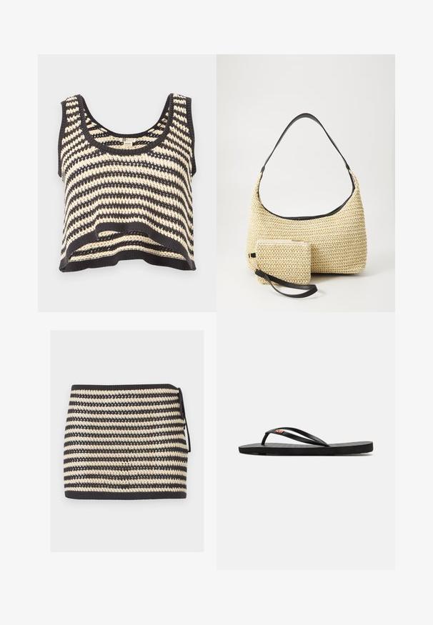 Top court sans manches en tricot rayé noir et blanc avec encolure ronde et motif texturé.; Mini-jupe en maille rayée noire et beige avec un nœud sur le côté et un motif en maille ouverte texturé.; Tongs noires avec semelle plate, présentant des fines brides et un matelas de pied texturé. Petit accent de logo sur la bride. Design simple et minimal.; Sac à main en paille tissée avec une silhouette courbée, doté d'une bandoulière en cuir noir lisse et d'une petite pochette assortie attachée par une sangle pour le poignet.