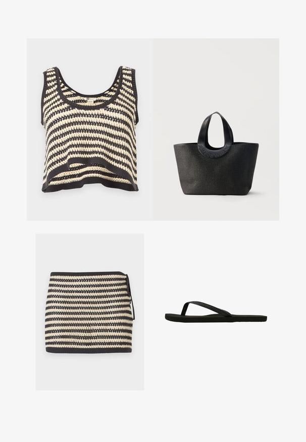 Zwart-wit gestreepte gebreide mouwloze cropped top met ronde halslijn en gestructureerd patroon.; Zwart-beige gestreepte gebreide minirok met zijstrik en gestructureerd open geweven patroon.; Zwarte flip-flops met een gestructureerde band en platte zool. De band heeft een subtiele glans. Eenvoudig ontwerp, lichtgewicht en flexibele vorm.; Zwarte getextureerde tote bag met brede afgeronde handvatten met het geperste merknaam "Samsøe Samsøe" op een neutrale achtergrond.