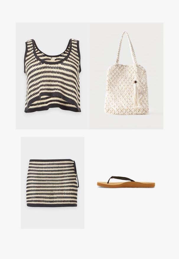 Top corto de punto sin mangas con rayas negras y blancas, escote redondo y patrón texturizado.; Mini falda de punto con rayas negras y beige, con lazada lateral y patrón tejido abierto texturizado.; Chanclas de tiras trenzadas marrones con suela suave y plantilla color tostado, que presentan un diseño redondeado y suela de goma texturizada para mayor tracción.; Bolsa tote de algodón blanco tejido con asas trenzadas y un adorno colgante de flecos con detalle de cuenta de madera.