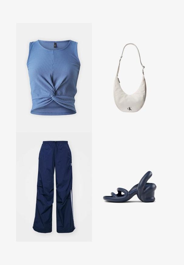 Blauw geribd tanktop met een gedraaide voorkant en een ronde halslijn. Gemaakt van zachte stof, met een aansluitende pasvorm en zonder mouwen.; Navyblauwe, lichtgewicht broek met elastische taille en trekkoord, voorzien van witte zijstrepen en een klein logo aan de voorkant. Losse pasvorm.; Marineblauwe hoge sandaal met hak gemaakt van soepel synthetisch materiaal; heeft gebogen bandjes en een unieke sculptuurhakontwerp.; Witte leren schoudertas in de vorm van een halve maan met verstelbare riem, ritssluiting en zwart Calvin Klein-logo aan de voorkant.