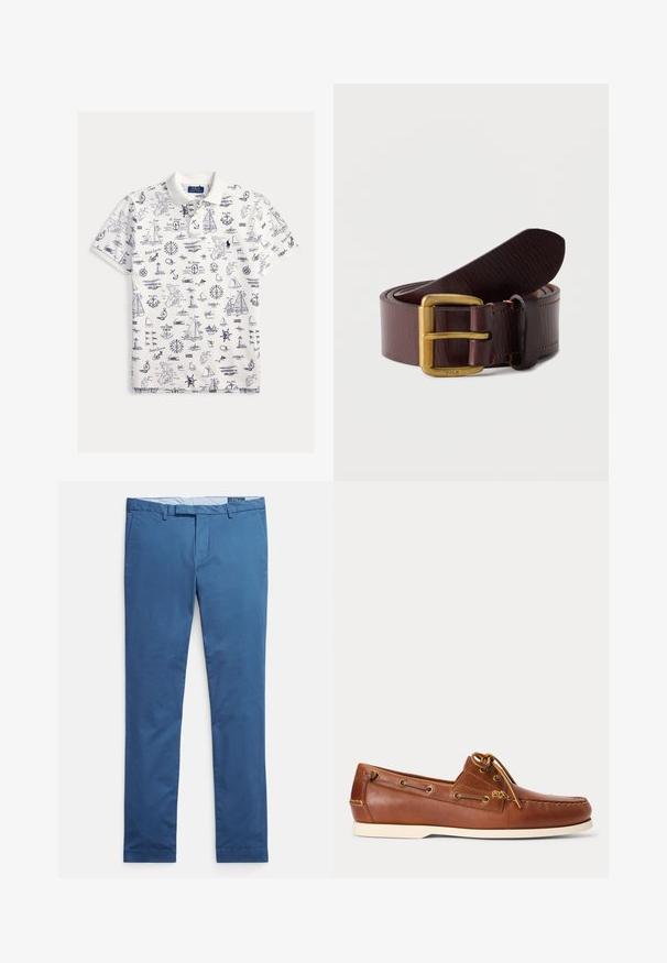 Weißes Poloshirt mit marineblauen nautischen Motiven, darunter Segelboote, Anker, Kompasse und Leuchttürme.; Herren-Slim-Fit-Hosen aus blauem Baumwollstoff mit Gürtelschlaufen, vorderen Taschen sowie einem verdeckten Knopf- und Reißverschluss.; Brauner Leder-Bootsschuh mit weißer Sohle, oben geschnürte Schnürsenkel und Metallösen entlang der Seiten und der vorderen Naht.; Dunkelbrauner Ledergürtel, aufgewickelt, mit einer Messingschnalle, die mit dem Wort Polo graviert ist, auf einem schlichten weißen Hintergrund.