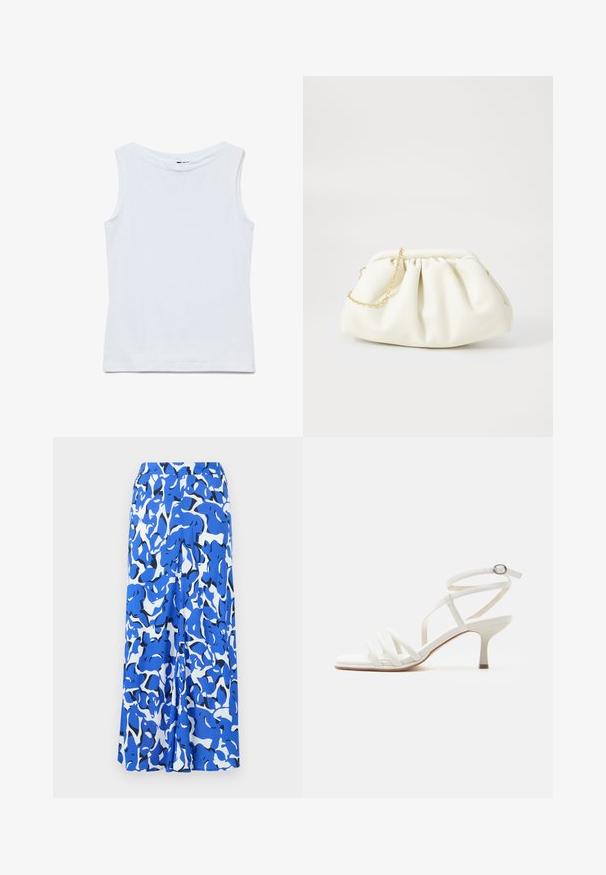 Camiseta blanca sin mangas de algodón con un amplio escote redondo y dobladillo recto, mostrada extendida sobre un fondo blanco.; Falda larga con un patrón abstracto en azul y blanco, fabricada en un tejido ligero, con una cinturilla ancha y un silueta recta con aberturas laterales.; Sandalia blanca de mujer con tiras, tacones delgados, tres tiras delanteras y una correa en el tobillo con hebilla plateada.; Bolso de mano de cuero blanco con un diseño recogido, cuenta con una cadena dorada y forma redondeada. Textura suave con pliegues suaves y sin patrones.