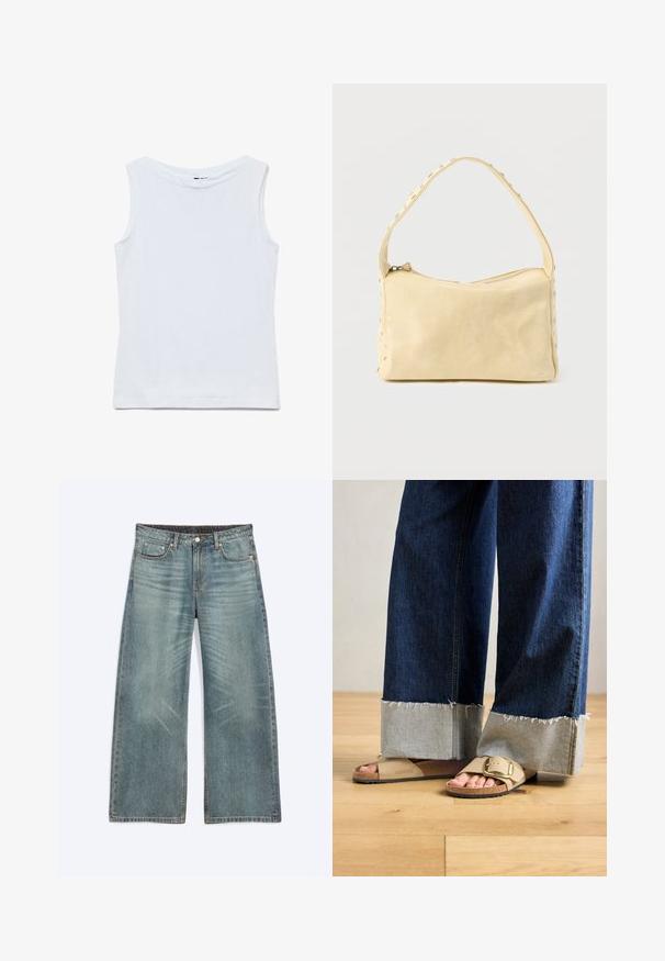 Camiseta blanca sin mangas de algodón con un amplio escote redondo y dobladillo recto, mostrada extendida sobre un fondo blanco.; Vaqueros de mezclilla azules de pierna ancha con bolsillos delanteros, trabillas para cinturón, cierre de botón y detalles sutiles de desgaste en los muslos y las rodillas.; Pies con sandalias Birkenstock beige con hebillas de oro, combinadas con jeans de mezclilla azul oscuro enrollados en los puños, de pie sobre un suelo de madera.; Pequeño bolso de cuero beige con una sola correa y tachuelas plateadas a lo largo de los bordes y la correa, sobre un fondo liso.