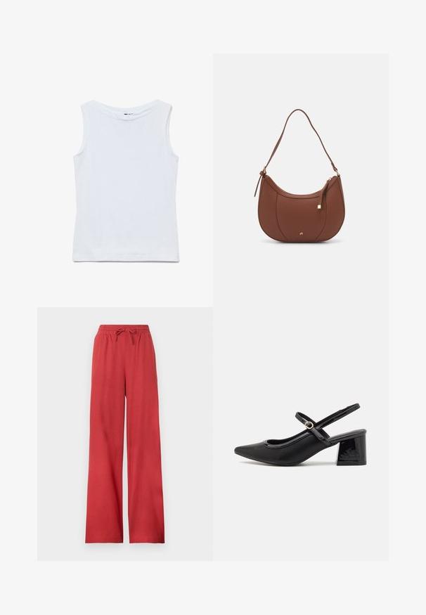 Haut blanc sans manches en coton avec un large col rond et un ourlet droit, présenté à plat sur un fond blanc.; Pantalon rouge à jambes larges avec taille élastique et cordon, en tissu doux.; Escarpins slingback en cuir verni noir avec un embout pointu, un design à découpes arrondies et un talon carré. Présente un accent de boucle en ton doré.; Sac à épaule en faux cuir brun, de forme arrondie, avec des coutures minimales et un accent en matériel doré. Il possède une fermeture zippée sur le dessus et une sangle réglable.