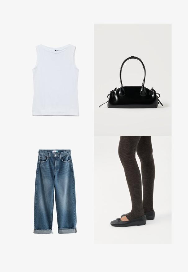 Mouwloze witte katoenen top met een brede ronde hals en rechte zoom, plat uitgestald op een witte achtergrond.; Blauwe denim boyfriend jeans met omslagen, vooraan knoop- en ritsluiting en zichtbare voorzakken.; Benen met donkere geribbelde leggings gecombineerd met zwarte ballerina's met kleine strikdetails op een witte achtergrond.; Kleine zwarte glanzende handtas met twee lange hengsels en zijkant trekkoord details op een effen lichte achtergrond.