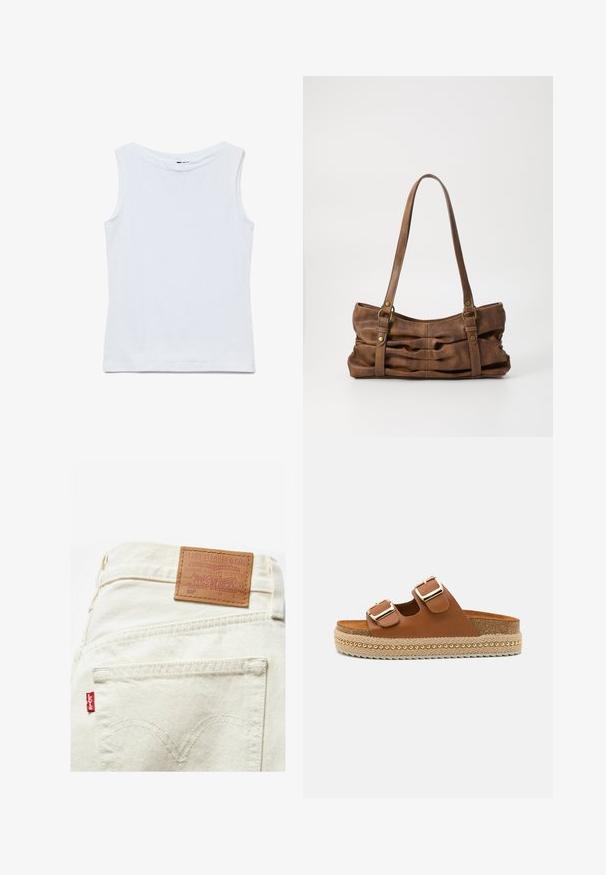 Ærmeløs hvid bomuldstop med bred rund halsudskæring og lige kant, vist fladt på en hvid baggrund.; Beige denimjeans med et lædermærke, der har "Levi Strauss & Co." og det ikoniske røde mærke. Tydelig kulørt syning på baglommen.; Brune læderslipper med to justerbare remme og gyldne spænder. Plattformsål med flettet tekstur og små gyldne detaljer.; Even&Odd by Zalando Håndtasker - brown