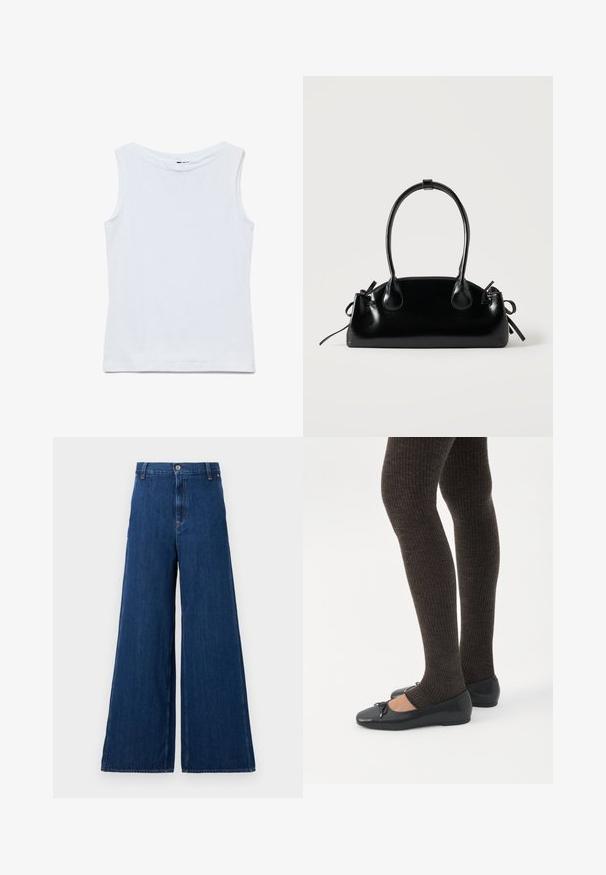 Mouwloze witte katoenen top met een brede ronde hals en rechte zoom, plat uitgestald op een witte achtergrond.; Replay PANTS - Straight leg jeans - dark blue; Benen met donkere geribbelde leggings gecombineerd met zwarte ballerina's met kleine strikdetails op een witte achtergrond.; Kleine zwarte glanzende handtas met twee lange hengsels en zijkant trekkoord details op een effen lichte achtergrond.