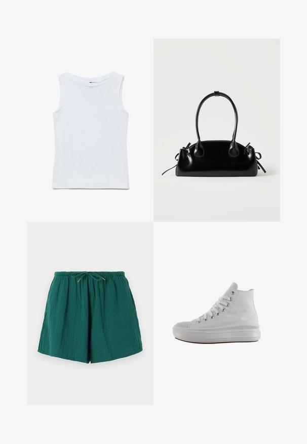Haut blanc sans manches en coton avec un large col rond et un ourlet droit, présenté à plat sur un fond blanc.; Shorts verts, légers, avec une taille élastique et un cordon de serrage. Présente un tissu texturé avec une apparence douce et froissée.; Baskets montantes en toile blanche avec lacets blancs, œillets métalliques, semelle épaisse en caoutchouc et bout texturé, orientées vers la gauche sur fond blanc.; Petit sac à main noir brillant avec deux longues anses et des détails à cordon sur les côtés sur un fond clair uni.