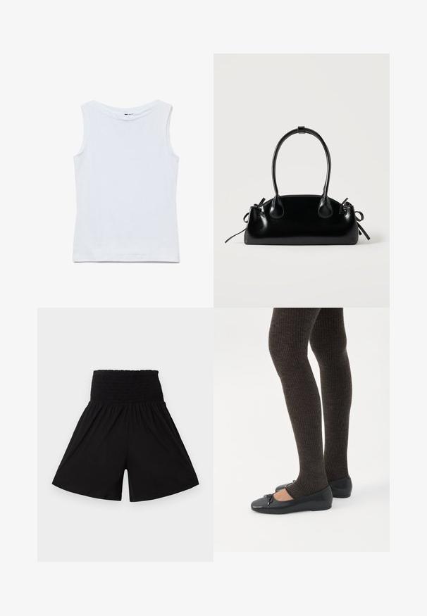 Haut blanc sans manches en coton avec un large col rond et un ourlet droit, présenté à plat sur un fond blanc.; Shorts noirs taille haute avec une large ceinture élastique froncée et des jambes larges et fluides.; Jambes portant des leggings côtelés foncés associés à des ballerines noires avec de petits détails en nœud sur fond blanc.; Petit sac à main noir brillant avec deux longues anses et des détails à cordon sur les côtés sur un fond clair uni.