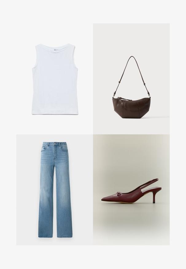 Mouwloze witte katoenen top met een brede ronde hals en rechte zoom, plat uitgestald op een witte achtergrond.; Lichtblauwe high-waisted jeans met een rechte pasvorm. Gemaakt van denim, met vijf zakken en een knoopsluiting.; Donkerrode leren slingback pump met hoge hak, spitse neus en kleine decoratieve knoop aan de voorkant, zijaanzicht tegen een neutrale achtergrond.; Bruine leren schoudertas met een gebogen onderkant en een verstelbare riem tegen een effen lichte achtergrond.