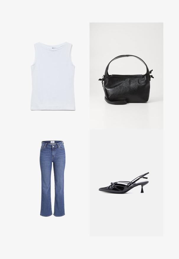 Mouwloze witte katoenen top met een brede ronde hals en rechte zoom, plat uitgestald op een witte achtergrond.; Donkerblauwe denim jeans met een hoge taille, wijdere pijpen en een traditionele vijf-pocketdesign. Heeft zichtbare stiksels en een knoopsluiting aan de voorkant.; Zwarte slingback pump van lakleer met een spits toelopende neus, lage kittenhak en decoratieve knoopstrik aan de voorkant.; Zwarte leren handtas met een gestructureerd ontwerp, een ronde bovenhandgreep en een afneembare schouderriem. Beschikt over een gladde textuur en een subtiele glans.