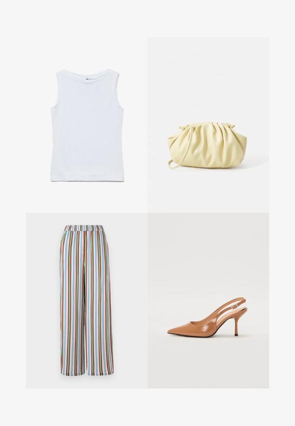 Haut blanc sans manches en coton avec un large col rond et un ourlet droit, présenté à plat sur un fond blanc.; Pantalons larges à rayures avec une taille élastique. Comprend des rayures verticales colorées en bleu, rouge, vert et blanc sur un tissu léger.; Escarpin à talon slingback à bout pointu en matériau beige lisse et brillant. Présente un design de découpes courbées et un talon aiguille fin. Détail de boucle en argent.; Sac à main plissé jaune en simili cuir lisse, arborant une forme douce avec une bandoulière unique et un design froncé sur le dessus.