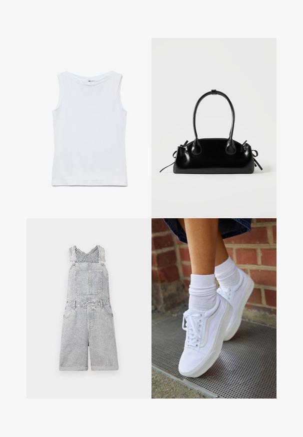 Mouwloze witte katoenen top met een brede ronde hals en rechte zoom, plat uitgestald op een witte achtergrond.; Gestreepte denim jumpsuit met een vierkante zak, verstelbare straps en een wijde halslijn. Heeft een relaxte pasvorm met een shorts-lengte.; Witte canvas sneakers met rubberen zolen, voorzien van zes vetertjes, een ronde neus en lichte stikdetails, gecombineerd met witte enkelsokken.; Kleine zwarte glanzende handtas met twee lange hengsels en zijkant trekkoord details op een effen lichte achtergrond.