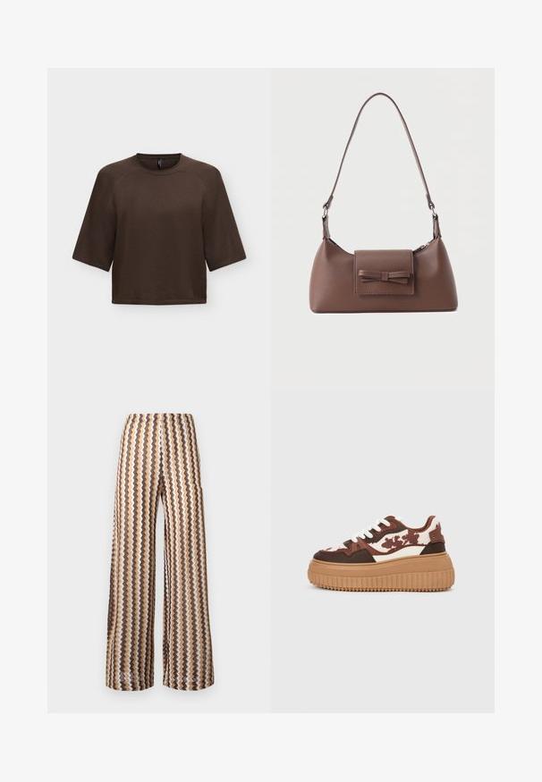 Pull tricoté marron à manches courtes avec un col rond et un ourlet droit, présenté sur un fond clair uni.; Pantalon taille haute à jambes larges avec des rayures en zigzag verticales dans des tons de marron, beige et crème, présenté à plat sur un fond blanc.; Baskets plateforme avec un motif camouflage marron et crème, semelles beiges contrastantes et lacets blancs. La tige présente des matériaux et textures variés.; Sac à bandoulière en cuir marron avec une poche à rabat avant ornée d'un détail en forme de nœud cousu et une sangle réglable.