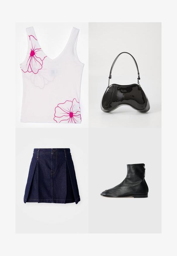 Hvid tanktop med V-halsdesign, prydet med store lyserøde blomstermønstre på venstre skulder og nederste højre, lavet af blødt stof.; Mørk denimnederdel med plisseringer, knaplukning og kontrastsyninger. Enkel design med en flagrende form og midtlængde.; Sorte læder ankelstøvler med spidse tæer, glat tekstur og en lynlåsfunktion på siden for nem påføring. Lav hæl, minimalistisk stil.; Sort patentlæder håndtaske med en unik buet form, kort justerbar hank og en lynlåslukning i toppen. Glat tekstur med diskret branding.
