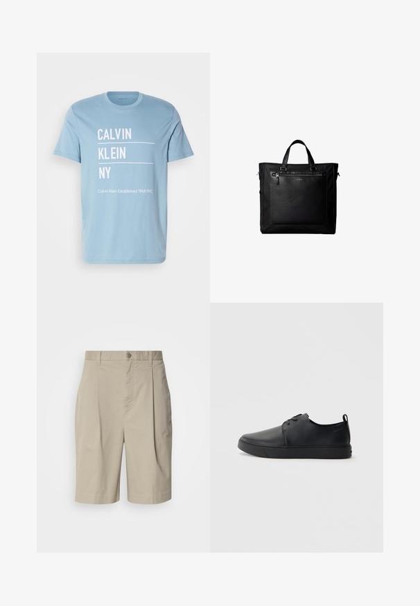 T-shirt en coton bleu clair avec un texte blanc : « CALVIN KLEIN NY » et « Calvin Klein Established 1968 NYC ». Encolure ras du cou standard et manches courtes.; Shorts en coton beige avec un devant plissé, fermeture à bouton à la taille et poches latérales. Texture lisse et coupe à mi-genoux.; Baskets en cuir noir avec une finition lisse, bout arrondi, coutures ton sur ton, devant à lacets et semelle plate en caoutchouc. Anse au talon.; Sac cabas noir avec doubles poignées, grande poche avant en cuir avec fermeture éclair et logo discret Calvin Klein au centre de la poche.