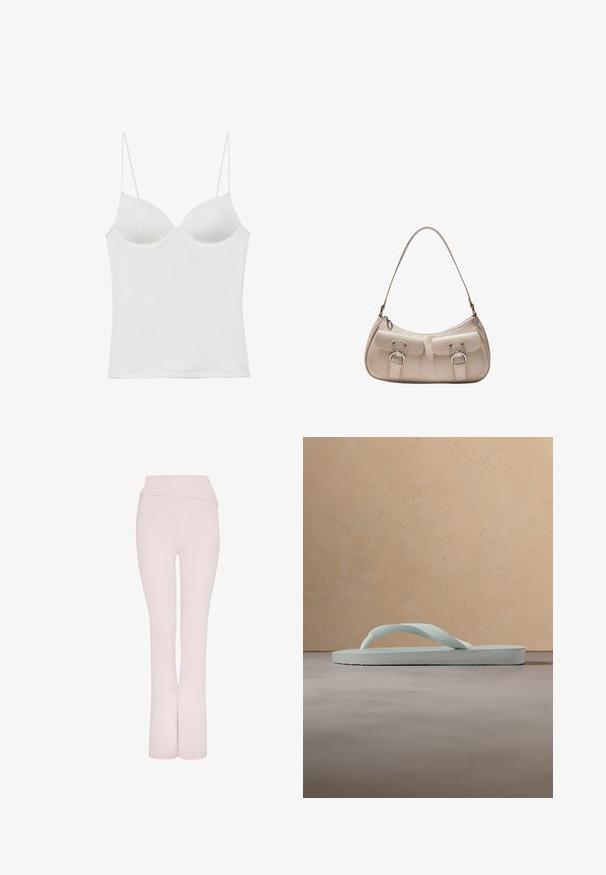 Weißes figurbetontes Camisole mit vorgeformten Cups und dünnen verstellbaren Trägern vor weißem Hintergrund.; Helle rosa, ausgestellte Hosen mit einem breiten Bund und glatter Textur. Sie verfügen über ein klares, schlankes Design ohne zusätzliche Verzierungen.; Einzelne hellbeige Gummi-Zehensandale mit strukturierter Fußsohle und Y-förmigem Riemen vor einfachem grauem Hintergrund.; Kleine beige Schultertasche aus Leder mit zwei Fronttaschen mit Schnallenriemen und einem einzelnen Schultergurt.