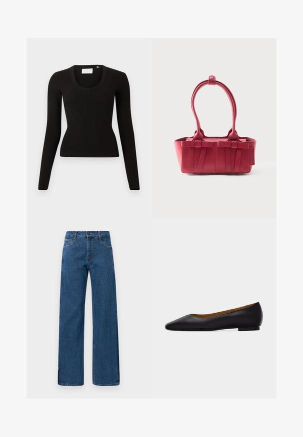 Sort langærmet top med rund hals, lavet af ribbet materiale, med tætsiddende pasform og minimalistisk design. Ingen synlige mønstre eller detaljer.; Blå højtaljede vide ben-jeans med for- og baglommer, knaplukning og synlig syning på en hvid baggrund.; Sort læder flad sko med spids tå, lav hæl og glat finish, vist fra siden på en lysegrå baggrund.; Rød læderhåndtaske med to top-håndtag, dekorative sløjfer foran og en tag på siden mod en hvid baggrund.