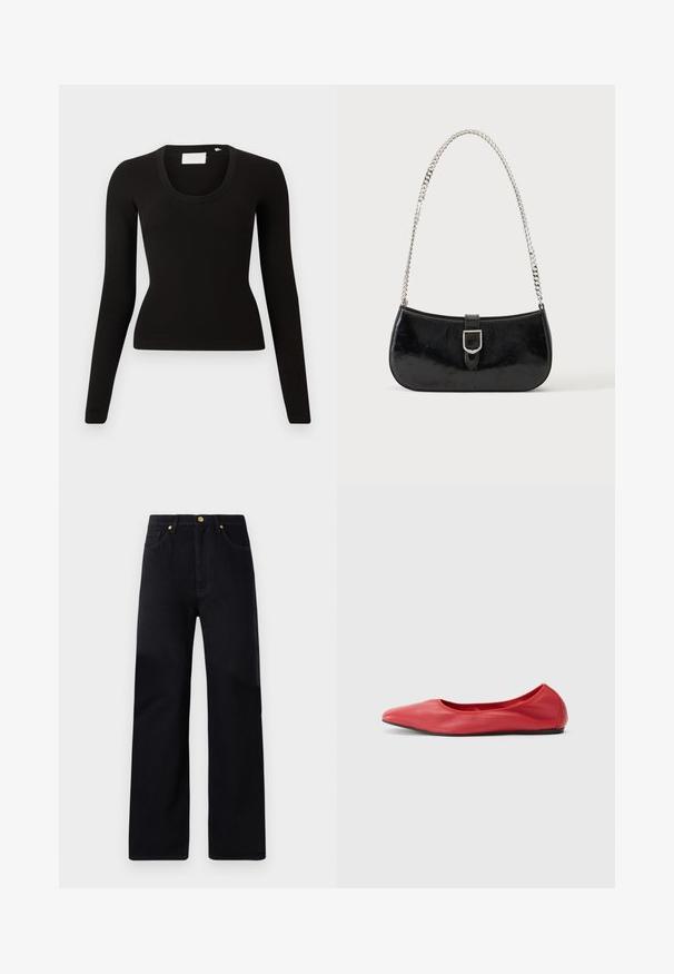 Zwarte top met lange mouwen en een ronde hals, gemaakt van geribd materiaal, met een slanke pasvorm en een minimalistisch ontwerp. Geen zichtbare patronen of accenten.; Zwarte denim broek met een rechte pasvorm, voorzien van een hoge taille, vijf zakken, gouden hardware en subtiele stikdetails.; Filippa K REY FLATS - Ballerina's - bright red; Zwarte lakleren schoudertas met een zilveren gespdetail en een zilveren kettingriem, getoond tegen een effen lichte achtergrond.