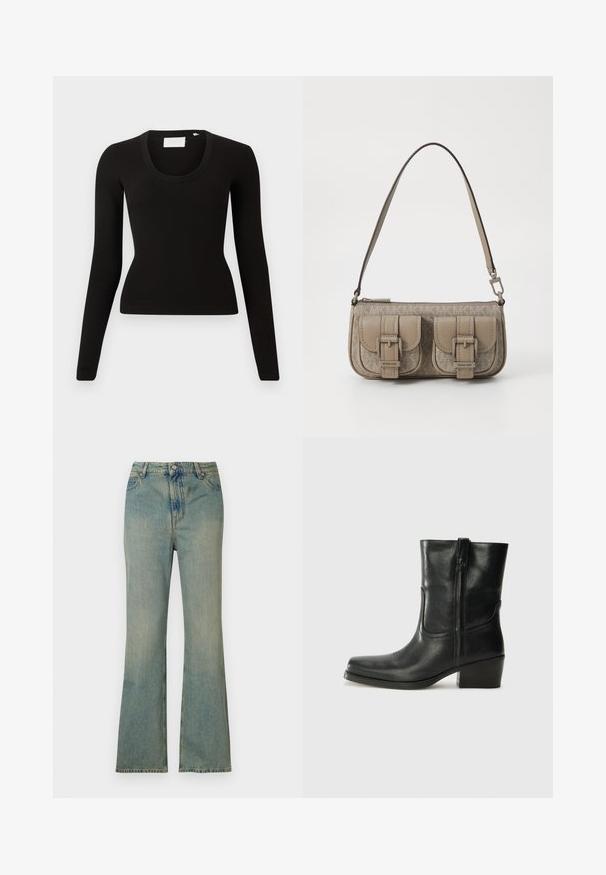 Sort langærmet top med rund hals, lavet af ribbet materiale, med tætsiddende pasform og minimalistisk design. Ingen synlige mønstre eller detaljer.; Lysblå denim flare jeans med høj talje, fem lommer og lynlås. Ren, falmet finish med subtile syninger.; Sort læder ankelstøvle med rundt tå, blokhæl, lynlås i siden og stikninger på vampsiden. Glat tekstur, klassisk design.; Beige håndtaske med dobbelt spænde detaljer, struktureret overflade, lynlås lukning og en enkelt justerbar rem. Har logo detalje på forsiden.