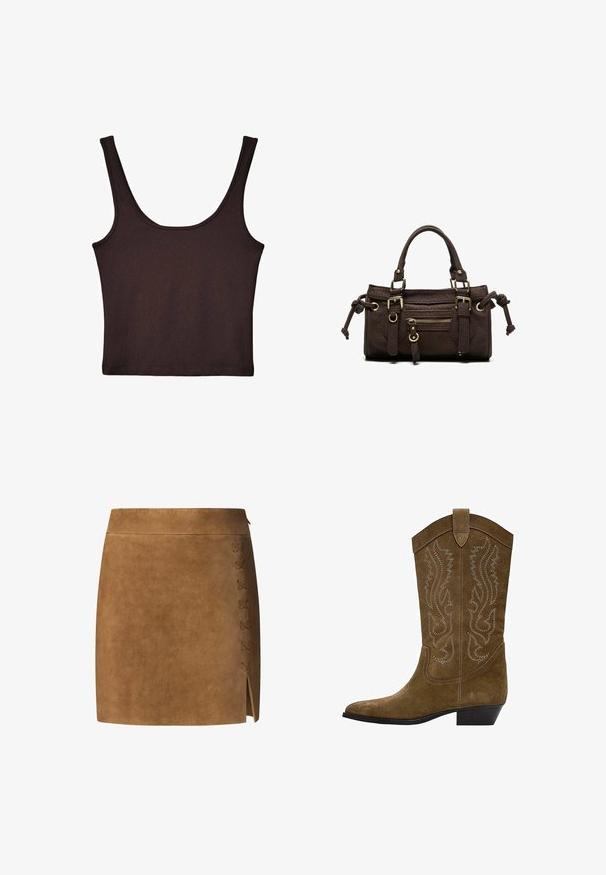 Mørkebrun ribbet tanktop med brede skulderstropper og et tætsiddende design. Stoffet er blødt med en glat tekstur og en cropped længde.; Brun ruskind mini-nederdel med lige snit, der har en snøredetalje på venstre side og en lille slids i kanten.; Brun ruskind cowboystøvle med dekorativ syning, spids snude, trækflig øverst og en lav sort stablet hæl.; Mørkebrun læderhåndtaske med dobbelte håndtag, forreste lynlåslomme, dekorative spænder og sideknuder på hvid baggrund.