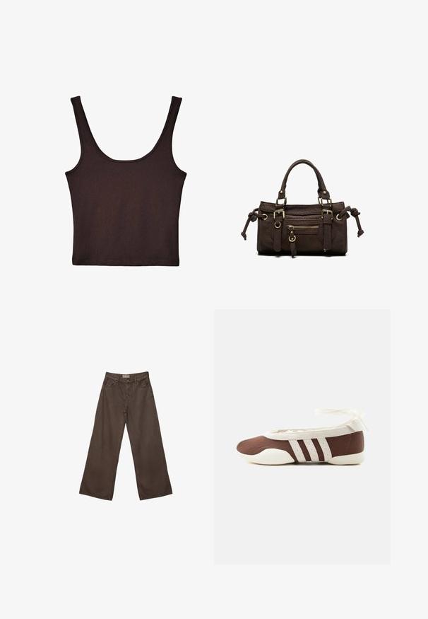 Débardeur côtelé marron foncé avec de larges bretelles et une coupe ajustée. Le tissu est doux avec une texture lisse et une longueur cropped.; Pantalons en denim marron à coupe large avec un design classique à cinq poches, dotés d'une fermeture à bouton et d'une texture lisse.; Chaussure plate de ballet marron et blanche avec trois bandes blanches et un nœud à nouer à la cheville sur un fond clair uni.; Sac à main en cuir marron foncé avec double poignée, poche avant zippée, boucles décoratives et nœuds latéraux sur fond blanc.