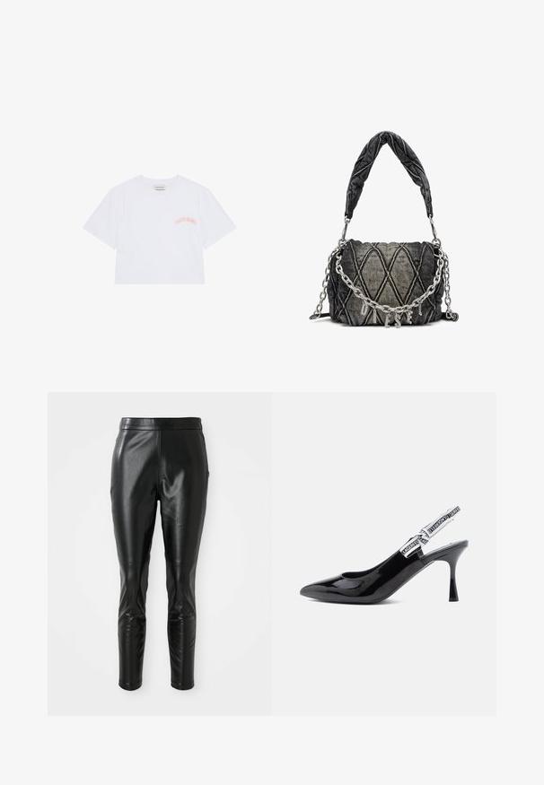 Weißes Crop-T-Shirt mit kurzen Ärmeln, kleinem pinkfarbenem "Calvin Klein"-Schriftzug auf der linken Brust und rundem Ausschnitt.; Schwarze Lederhosen mit schmaler Passform, die über eine glatte Textur und einen hohen Bund verfügen. Die Details umfassen Knieakzente für ein zusätzliches Design.; Schwarze Lackleder-Slingback-Pumps mit spitzer Zehe, gemäßertem Absatz und einem Riemen, der am Rand mit auffälliger weißer Markenbeschriftung versehen ist.; Gepolsterte Denim-Handtasche in Dunkelgrau mit einem geflochtenen Oberhandgriff und silberner Kettenriemen, ausgestattet mit metallischen "DIESEL" Akzenten.