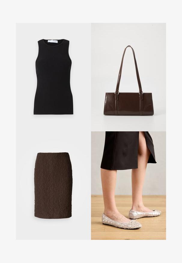 Sort ribbet tanktop med uden ærmer og rund hals. Lavet af et strækbart stof, har den en tætsiddende form og en glat overflade.; Brun knælang nederdel lavet af tekstureret stof med en krøllet overflade. Har et tætsiddende design og ingen synlige lukninger eller accenter.; Beige stæl ballet flats med en rund tå, der har en bueaccent, parret med en sort nederdel, vist på et trægulv.; Brun lakeret håndtaske med rektangulær form, to lange håndtag og subtile buede detaljer på fronten.