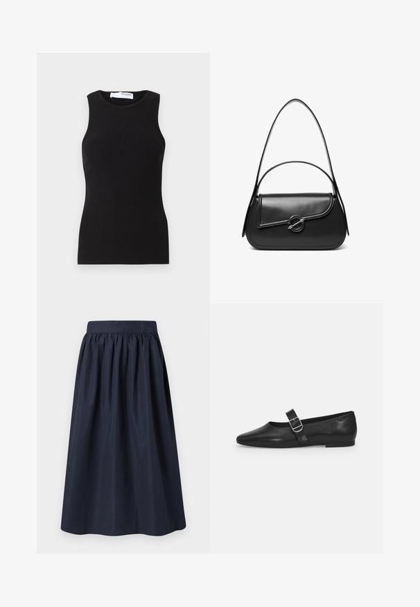 Must have mustrikku mustriga lühikeste varrukatega tank top, ümarate kaelustega. Valmistatud venivast materjalist, see on keha järgiv ja sile tekstuur.; Tumesinine puuvillane seelik, millel on kogutud vöökoht, voolav A-line kuju ja sile tekstuur. Pole nähtavaid mustreid ega riistvara detaile.; Must värvi nahast tasased kingad ümarate varvastega, ühe reguleeritava paelaga ja siledat, läikivat pinda. Minimalistlik disain madala kontsaga.; Must nahast õlakott kõverda kaanega, mida hoiab kinni ümmargune metallist klamber ja millel on õhuke, reguleeritav rihm.