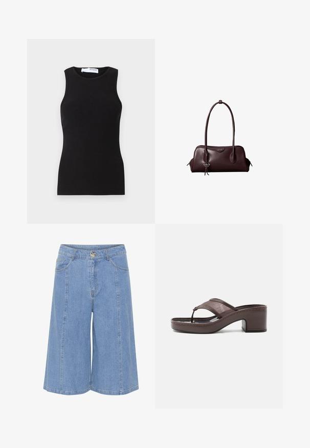 Schwarzes geripptes ärmelloses Tanktop mit rundem Ausschnitt. Hergestellt aus einem dehnbaren Stoff, hat es eine figurschmeichelnde Passform und eine glatte Textur.; Hellblaue Denim-Culottes mit lockerer Passform, ausgestattet mit einem Frontknopfverschluss, Gürtelschlaufen und seitlichen Taschen. Strukturierter Stoff mit sichtbaren Nähten.; Braune Sandale mit Absatz, Netzriemen und Zehensteg, ausgestattet mit einem Blockabsatz und einer genähten Sohle, seitlich auf weißem Hintergrund abgebildet.; Dunkelbraune Lederhandtasche von Calvin Klein mit langen doppelten Griffen und einem kleinen Logoanhänger, der an einem Griff hängt.