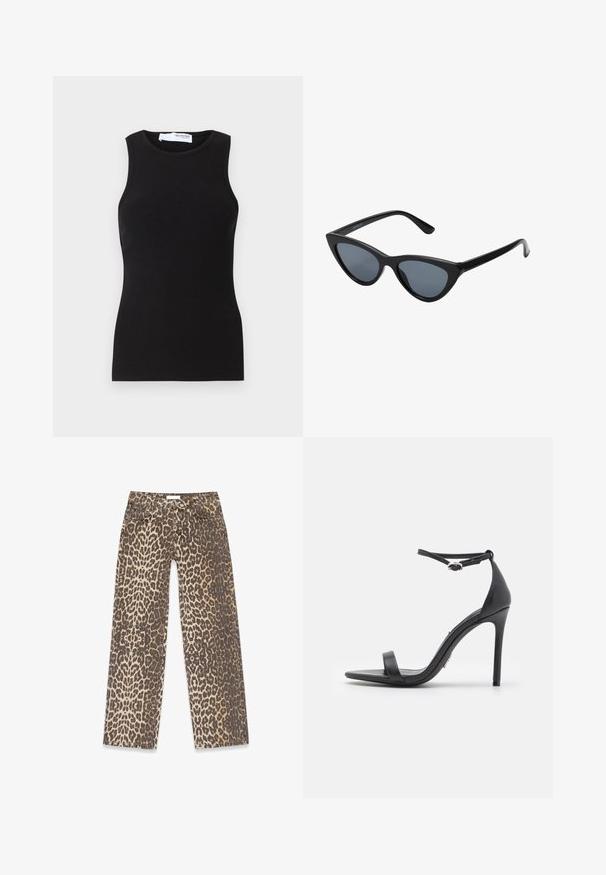 Sort ribbet tanktop med uden ærmer og rund hals. Lavet af et strækbart stof, har den en tætsiddende form og en glat overflade.; Leopardskindede denimjeans med en neutral beige og brun farvepalet, lige ben-design og traditionelle lomme-detaljer.; Sorte højhælede sandaler med åben tå, tynde stropper og spænde om anklen. Glat lædertekstur med spidse tådesign.; Sorte katteøje solbriller med mørkegrå linser, slankt plastisk stel, spidse hjørner og lige stænger. Ingen synlig hardware eller dekorationer.