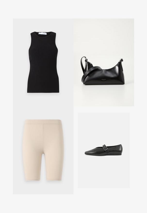 Must have mustrikku mustriga lühikeste varrukatega tank top, ümarate kaelustega. Valmistatud venivast materjalist, see on keha järgiv ja sile tekstuur.; Bežid jalgrattapüksid, mis on valmistatud venivast materjalist. Keskmise reie pikkusega, silede vöökohaga. Ilma nähtavate mustrite või aktsentideta.; Must mustril leedjalats, millel on terav varvas, metallist pandla rihm üle jala ja madal, paindlik tall.; Mustmust nahkaga kott sileda tekstuuriga. Omab reguleeritavat rihma ja sujuvat, minimalistlikku disaini, millel on lukuga sulgemine.
