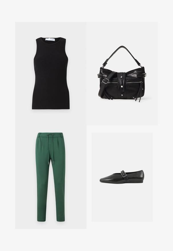 Débardeur noir à côtes sans manches avec un col rond. Fabriqué à partir d'un tissu extensible, il a une coupe ajustée et une texture lisse.; Pantalons de survêtement verts en tissu doux, avec une taille élastique et un cordon de serrage, des jambes fuselées et des détails de plis sur les côtés.; Chaussure plate en cuir noir avec un orteil pointu, présentant une sangle à boucle métallique sur le cou-de-pied et une semelle basse et flexible.; Even&Odd by Zalando H24462 - Sac à main - black