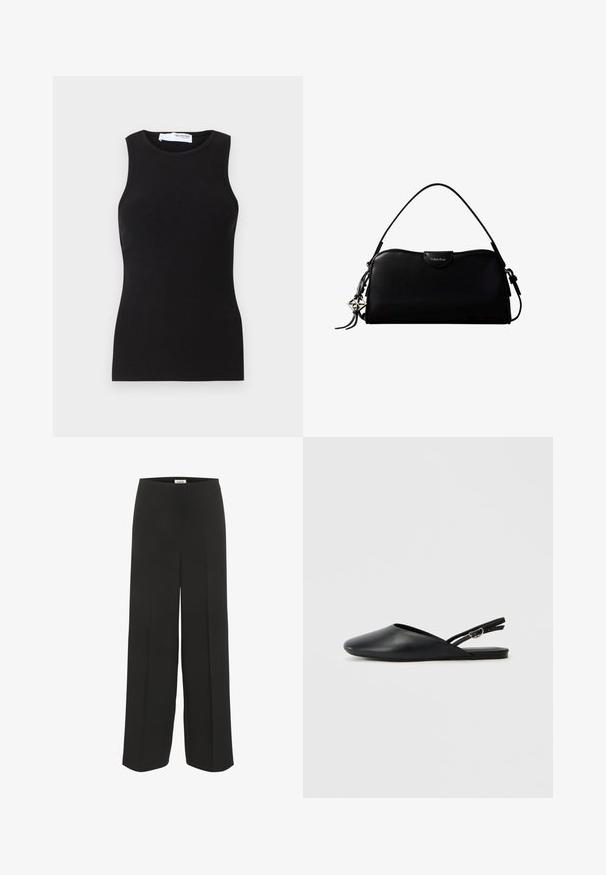 Camiseta sin mangas negra de canalé con cuello redondo. Fabricada con un tejido elástico, tiene una forma ajustada y una textura suave.; Pantalones negros de pierna ancha con cintura alta y detalles sutiles de pliegue, diseñados para un ajuste relajado y elegante.; Zapatos de cuero negro tipo slingback con punta afilada, diseño curvado y correa ajustable con hebilla. Textura suave, suela plana y detalles mínimos.; Bolso rectangular negro de Calvin Klein con una única correa superior, dije con el logo plateado y un pequeño cierre de solapa en la parte frontal.