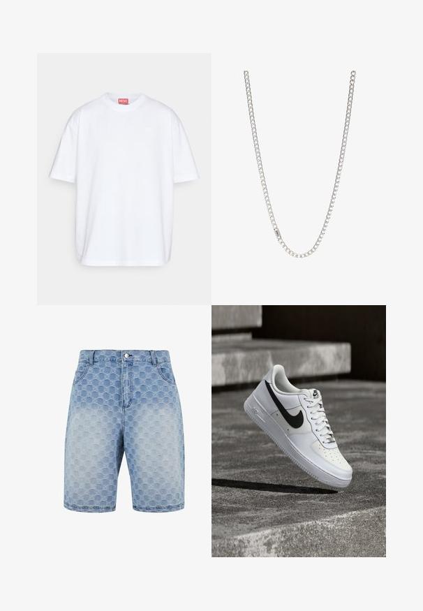 Diesel BOGGY MEGOVAL - T-shirts print - white; Lysblå denimshorts med et struktureret mønster af overlapende cirkler. Har fem lommer og en klassisk lukning med knap og lynlås.; Hvid Nike Air Force 1-sneaker med sort swoosh, snørebånd bundet, placeret i luften over tekstureret betonoverflade udendørs.; Sølv kædedesign med sammenkoblede led, glat tekstur og ensartet rektangulær form. Sikker lukning.