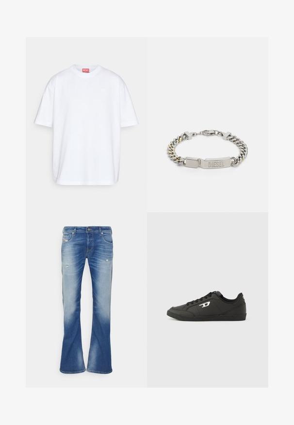 Diesel BOGGY MEGOVAL - Camiseta estampada - white; Vaqueros bootcut desgastados en azul con ligero desgarro en los muslos delanteros y diseño clásico de cinco bolsillos sobre fondo blanco.; Zapatillas deportivas negras sintéticas con suela negra texturizada, puntera redonda y cordones planos negros. Destaca un logo blanco en el lateral exterior.; Pulsera de metal plateado con una combinación de eslabones lisos y texturizados. Presenta un cierre grabado reconocible. Incluye acentos dorados.