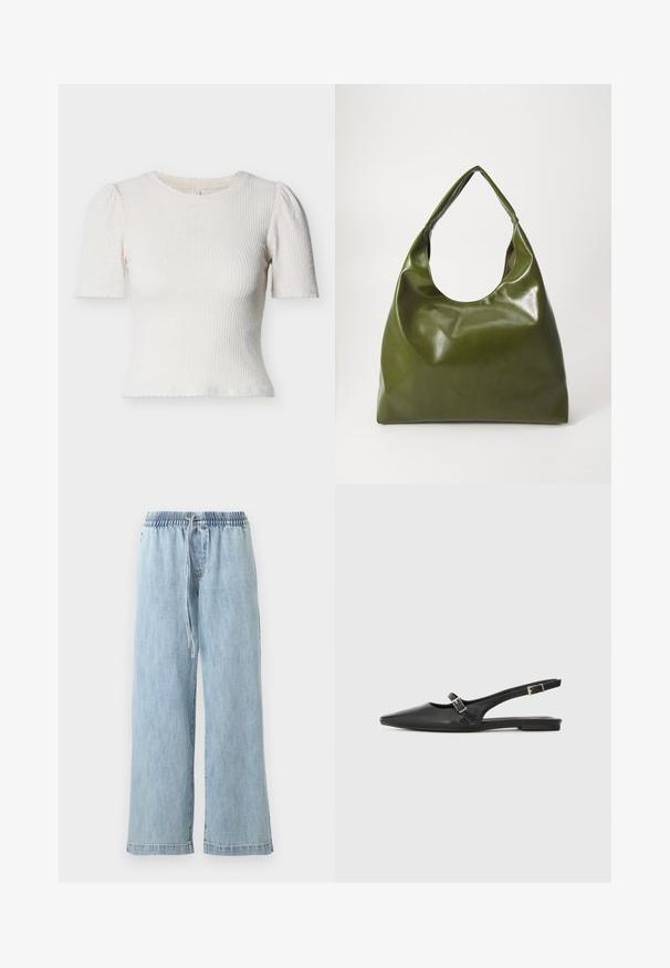 Haut court crème côtelé à manches courtes avec un col rond, des manches légèrement bouffantes et un ourlet festonné. Le matériau semble texturé et léger.; Pantalon large en denim bleu clair avec taille élastique et cordon de serrage, poches avant et coupe décontractée.; Chaussures slingback en cuir noir avec un bout pointu, comprenant une lanière étroite et un accent de boucle argentée sur le côté. Semelle plate.; Sac hobo en cuir vert au design décontracté, avec une poignée incurvée et une texture lisse. Ne contient aucun matériel ou accent visible.