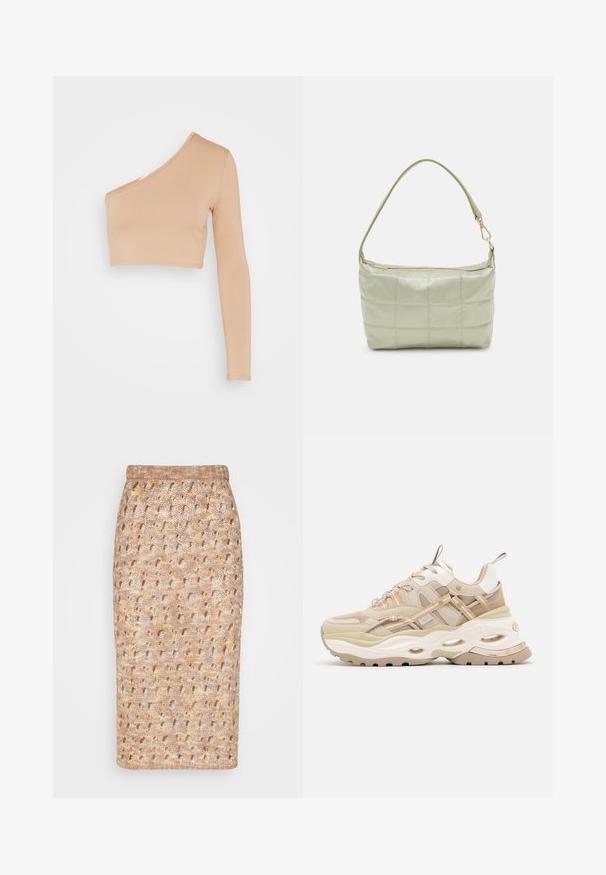 WAL G. MILLY ONE SLEEVE CROP - Μπλούζα με μακριά μανίκια - camel; The Ragged Priest RUINS SKIRT - Pencil φούστα - multi; Μπεζ και λευκό chunky sneaker με χοντρή σόλα, πάνελ από δίχτυ και δέρμα, οβάλ ανοίγματα στη μεσαία σόλα, λουράκια τράβηγματος στη γλώσσα και τη φτέρνα.; Πληρωμένη πράσινη τσάντα ώμου με μαλακή υφή, ορθογώνιο σχήμα, μονή ιμάντα και χρυσή φερμουάρ κλείσιμο. Διαθέτει ραμμένο σχέδιο.