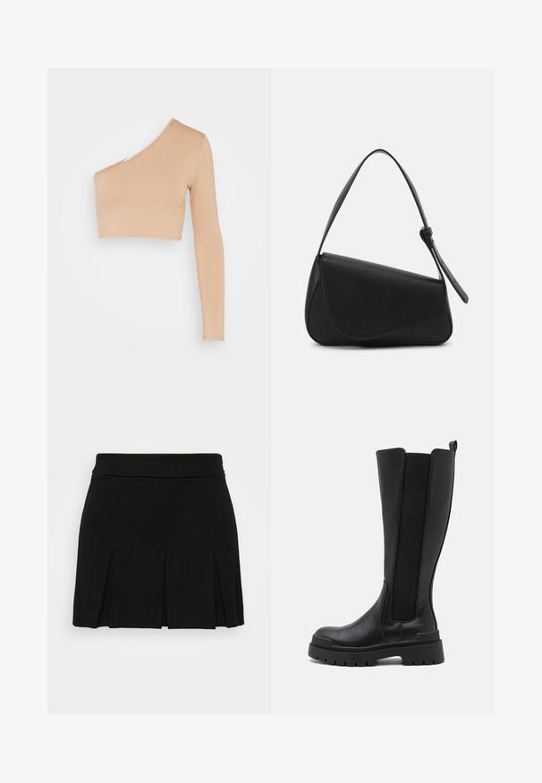 WAL G. MILLY ONE SLEEVE CROP - Langærmet T-shirt - camel; Even&Odd Mini skirts - black; Even&Odd Plateaustøvler - black; Sort læderhåndtaske med en triangular form, skrå klap og et rundt håndtag. Har en glat overflade og minimalistiske design detaljer.