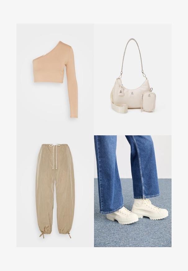 WAL G. MILLY ONE SLEEVE CROP - Camiseta de manga larga - camel; Weekday ALISTAR PARACHUTE TROUSER - Pantalones - mole; Zapatillas deportivas blancas de caña alta con suelas gruesas y estriadas, y detalle de logo circular, combinadas con jeans de mezclilla de pierna ancha en azul claro.; Bolso de mano de cuero beige con forma curva, correa de cadena, herrajes plateados y un pequeño bolso extraíble. Correa texturizada con patrón de logo.
